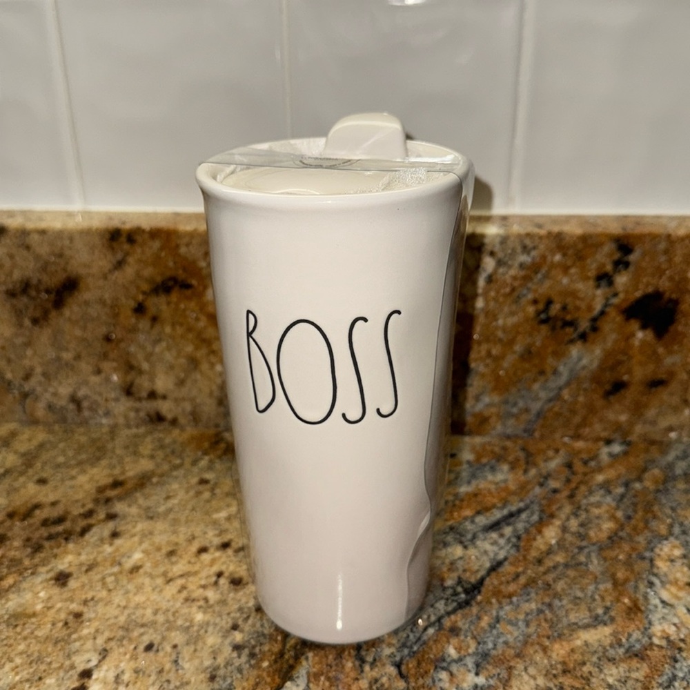 NWT Rae Dunn Boss Coffee Tea Tumbler Mug with Lid
